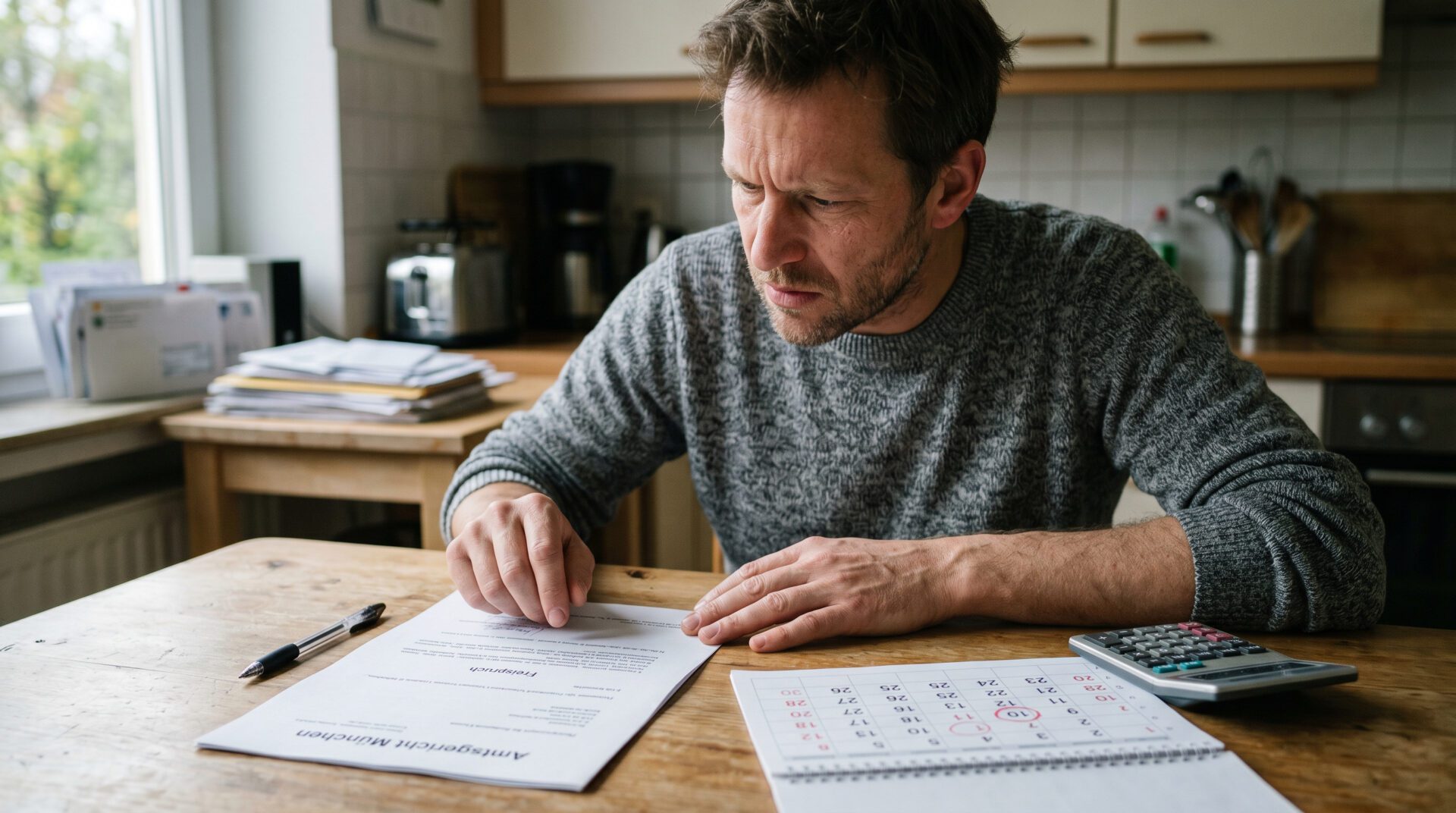 Mann berechnet Entschädigung nach U-Haft mit Taschenrechner, Kalender und einem offiziellen Freispruch-Dokument.
