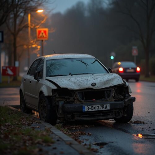Der schwer beschädigte Pkw zeugt von den Folgen eines Unfalls unter Alkoholeinfluss, doch der beteiligte Fahrer wurde trotz hoher Promillewerte überraschend freigesprochen.