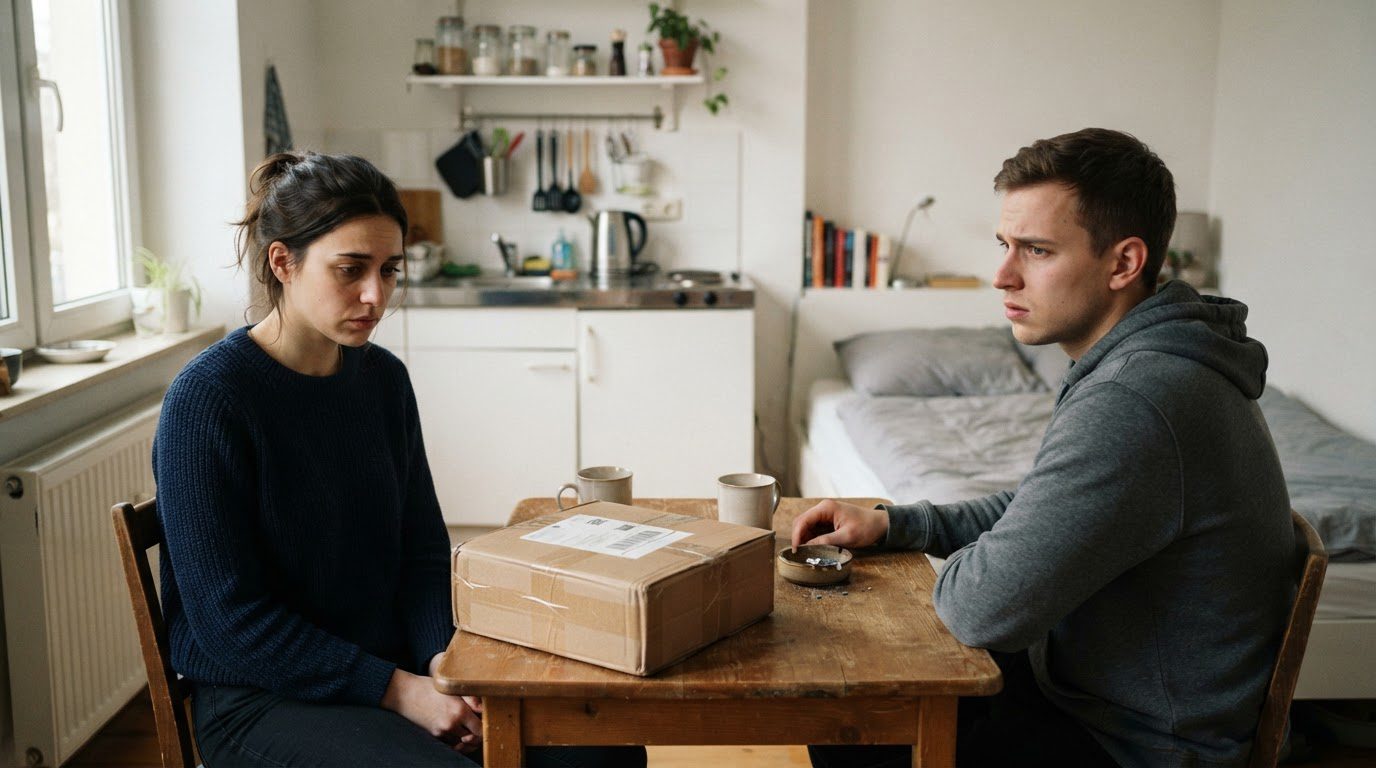 Zwei Personen sitzen distanziert an einem Tisch in einer Einzimmerwohnung, zwischen ihnen liegt ein Postpaket.