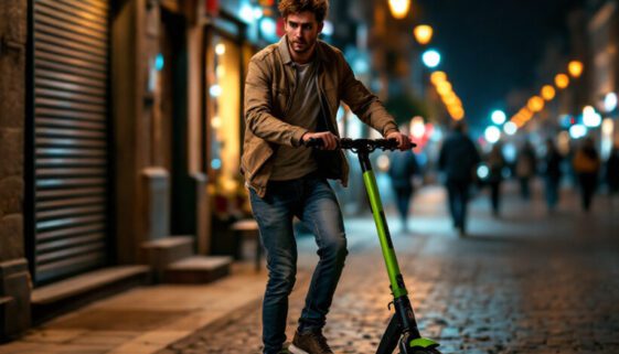 Junger Mann auf einem E-Scooter auf Kopfsteinpflaster, wirkt unsicher; abends, schwaches Licht, Fußgänger im Hintergrund.