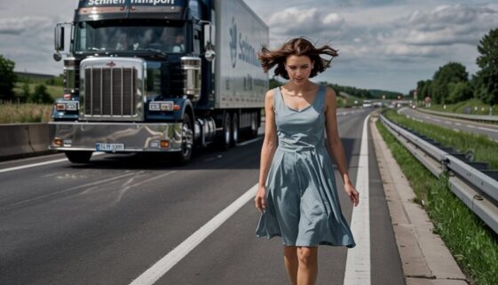 Frau am Rand der deutschen Autobahn setzt Fuß auf Fahrbahn, bei greller Mittagssonne und nahendem LKW, symbolisiert Gefahr.