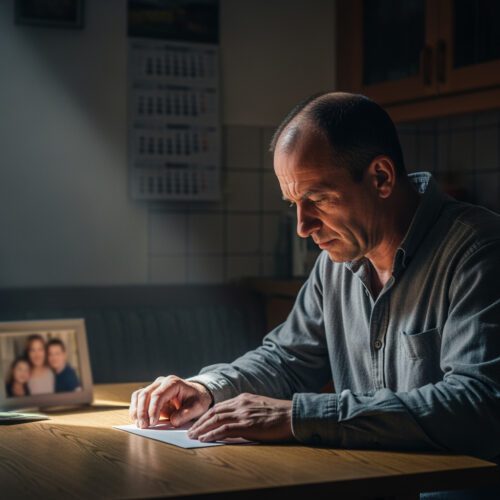 Der vom Mordversuch seiner Ehefrau gezeichnete Ehemann erarbeitet konzentriert rechtliche Dokumente für seine Nebenklage im Strafverfahren, da er die anfallenden Anwaltskosten selbst tragen muss.