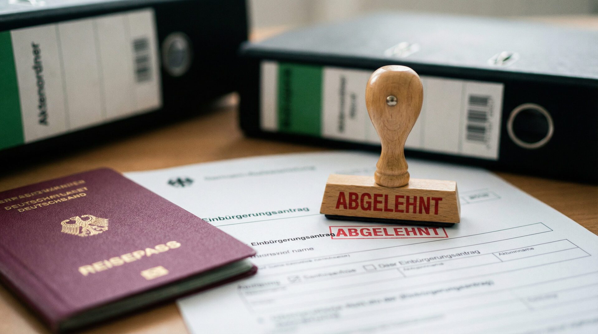 Deutscher Reisepass und ein Einbürgerungsantrag auf einem Schreibtisch, symbolisch für die Ablehnung des Antra