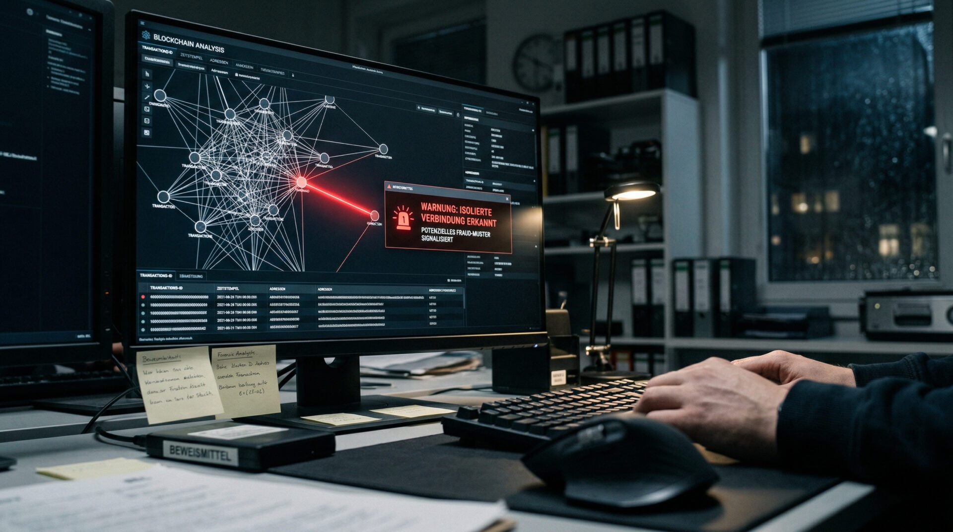 Forensik-Software auf einem Monitor zeigt ein Netzwerk aus Verbindungslinien mit einem rot leuchtenden Warnsignal.