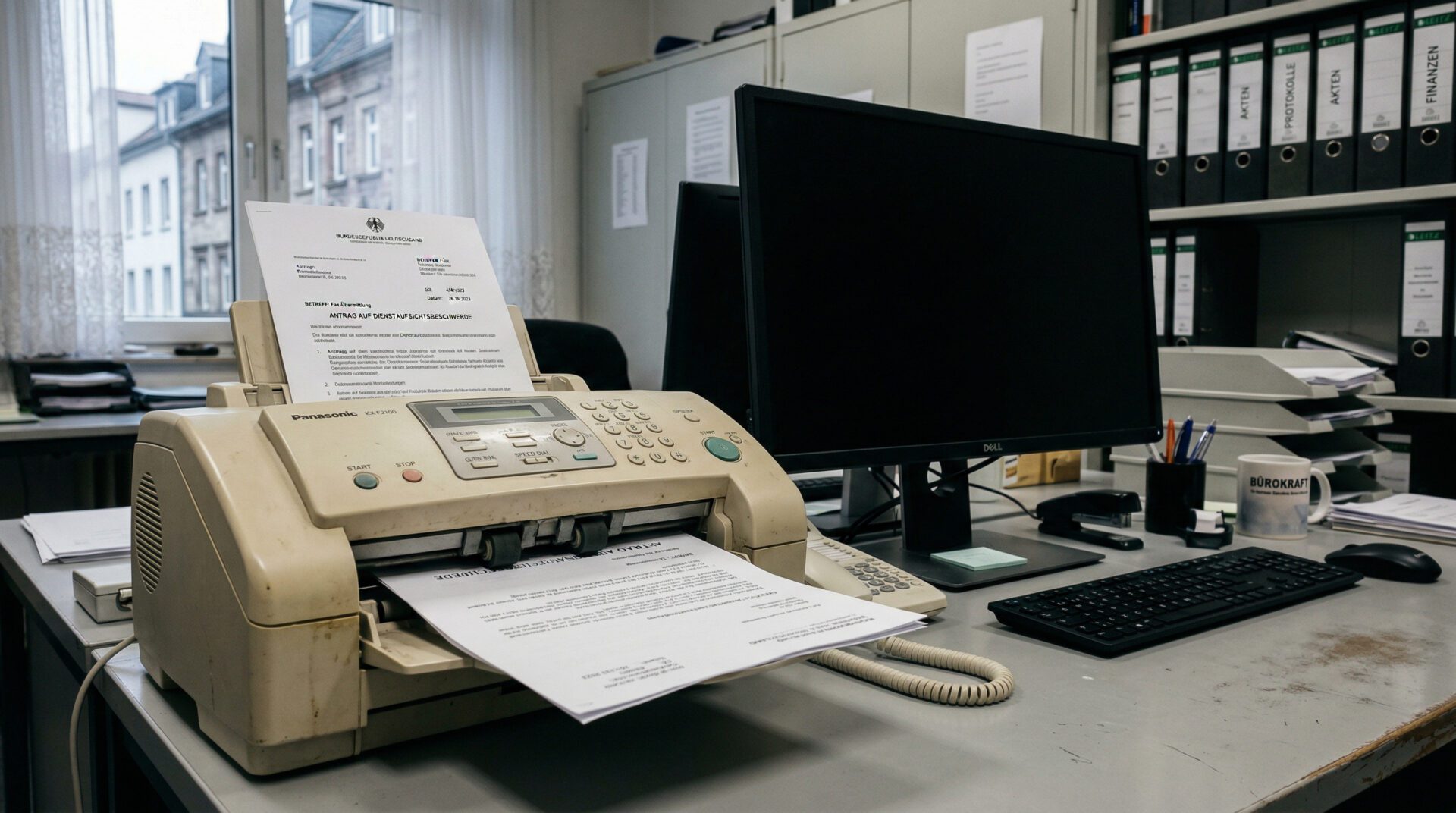 Altes Faxgerät auf einem Büroschreibtisch zieht ein Papier ein; daneben steht ein ausgeschalteter Computerbildschirm.
