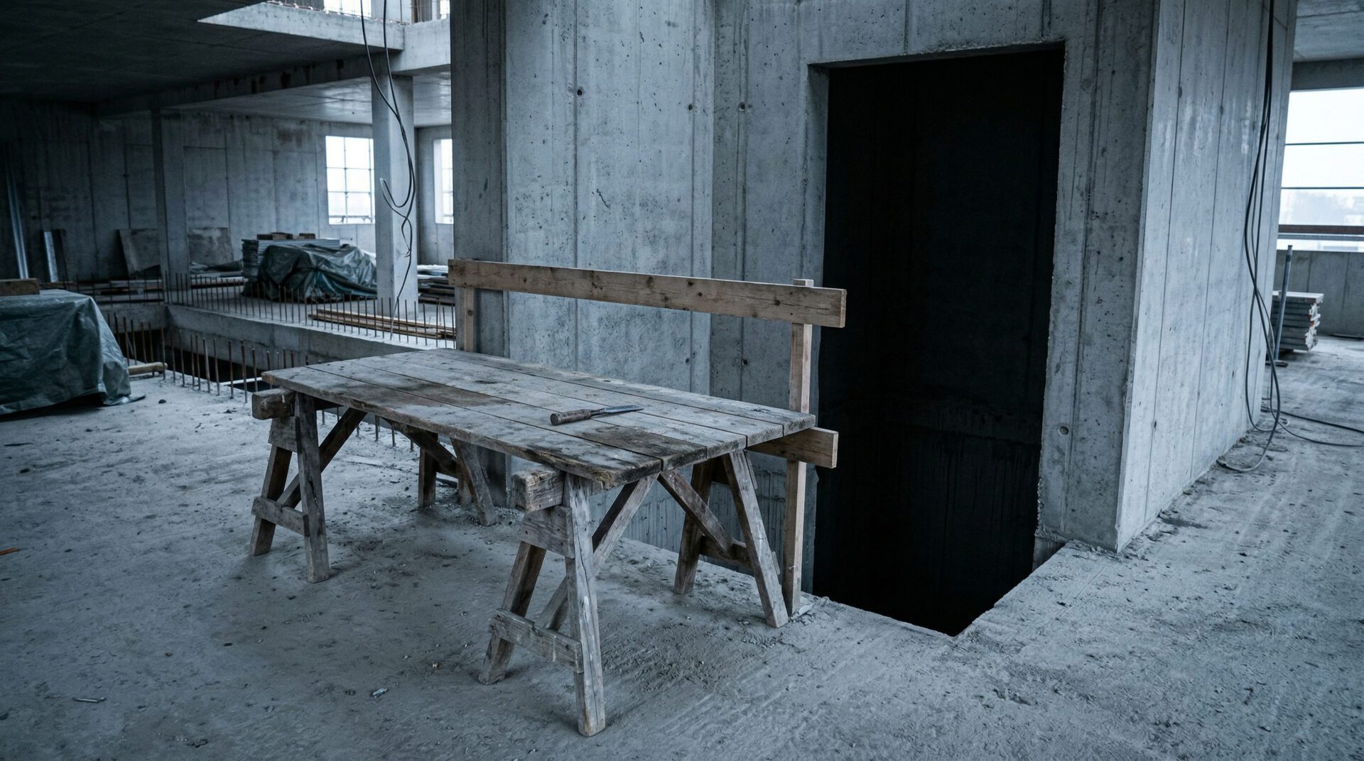 Holzgerüst in einem Rohbau direkt neben einem tiefen, unzureichend gesicherten Aufzugsschacht mit liegendem Werkzeug.
