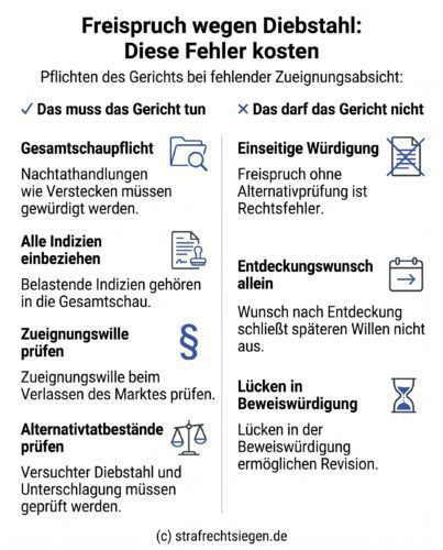 Infografik: Die Pflichten des Gerichts bei fehlender Zueignungsabsicht im Strafrecht. Dargestellt werden notwendige Schritte wie die Gesamtschau von Nachtathandlungen und die Prüfung von Alternativtatbeständen wie versuchtem Diebstahl oder Unterschlagung, um revisionsfeste Urteile zu gewährleisten.