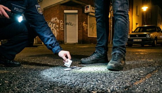 Ein Polizist lässt unauffällig kleine Drogenpäckchen neben den Fuß eines Verdächtigen auf den Asphalt fallen.