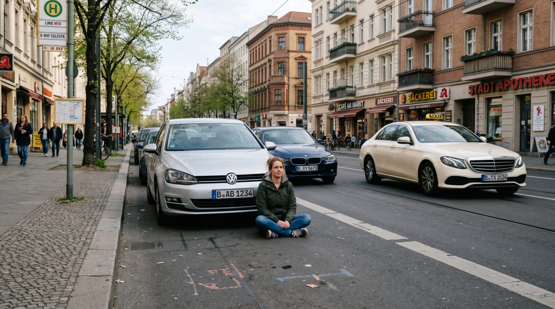 Frau sitzt auf Straße vor wartendem Auto; zweites Auto dahinter, daneben fährt ein Pkw auf freier Spur vorbei.