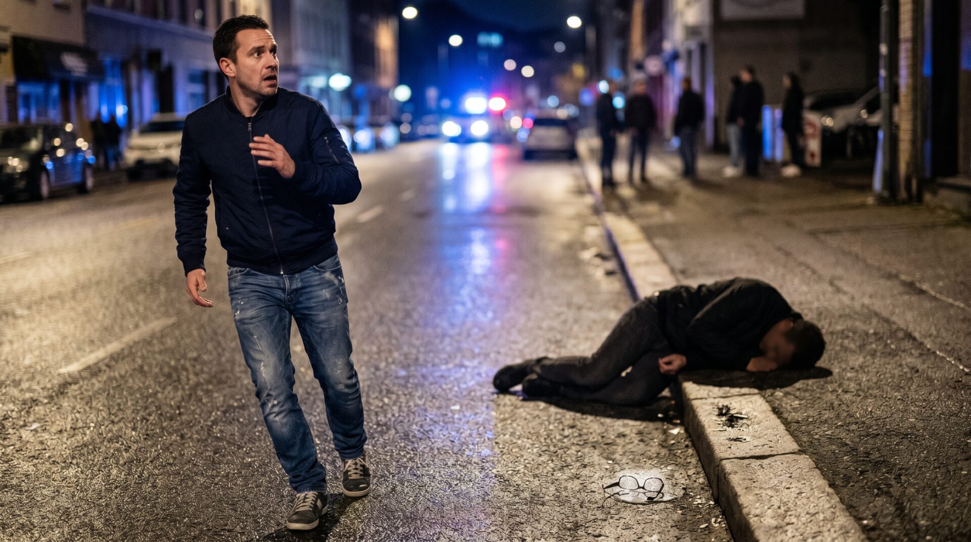 Mann läuft nachts an verletzter Person vorbei
