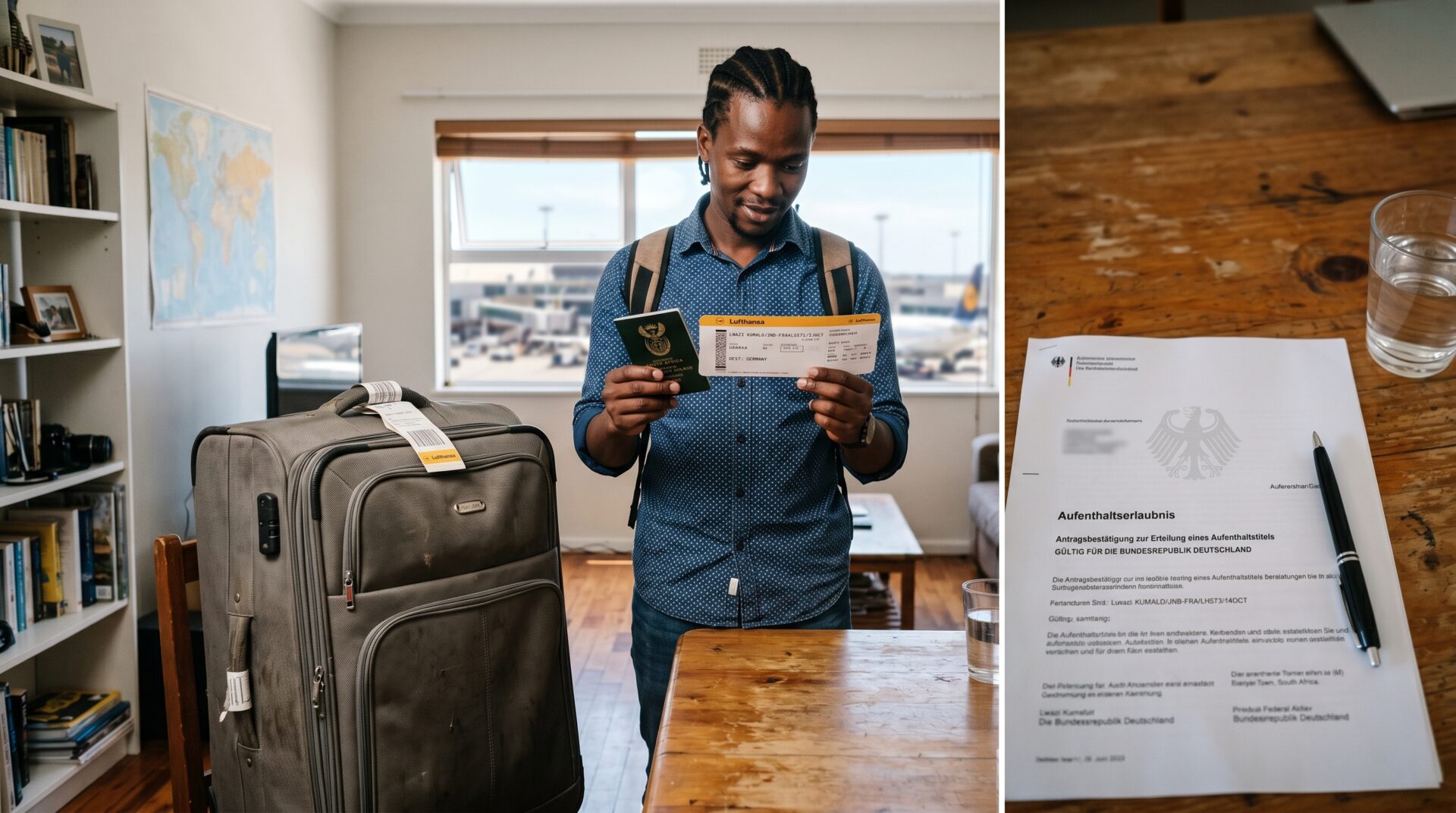 Mann mit Reisepass und Flugticket neben Koffer; auf dem Tisch liegt ein offizielles Justiz-Schreiben mit Siegel.