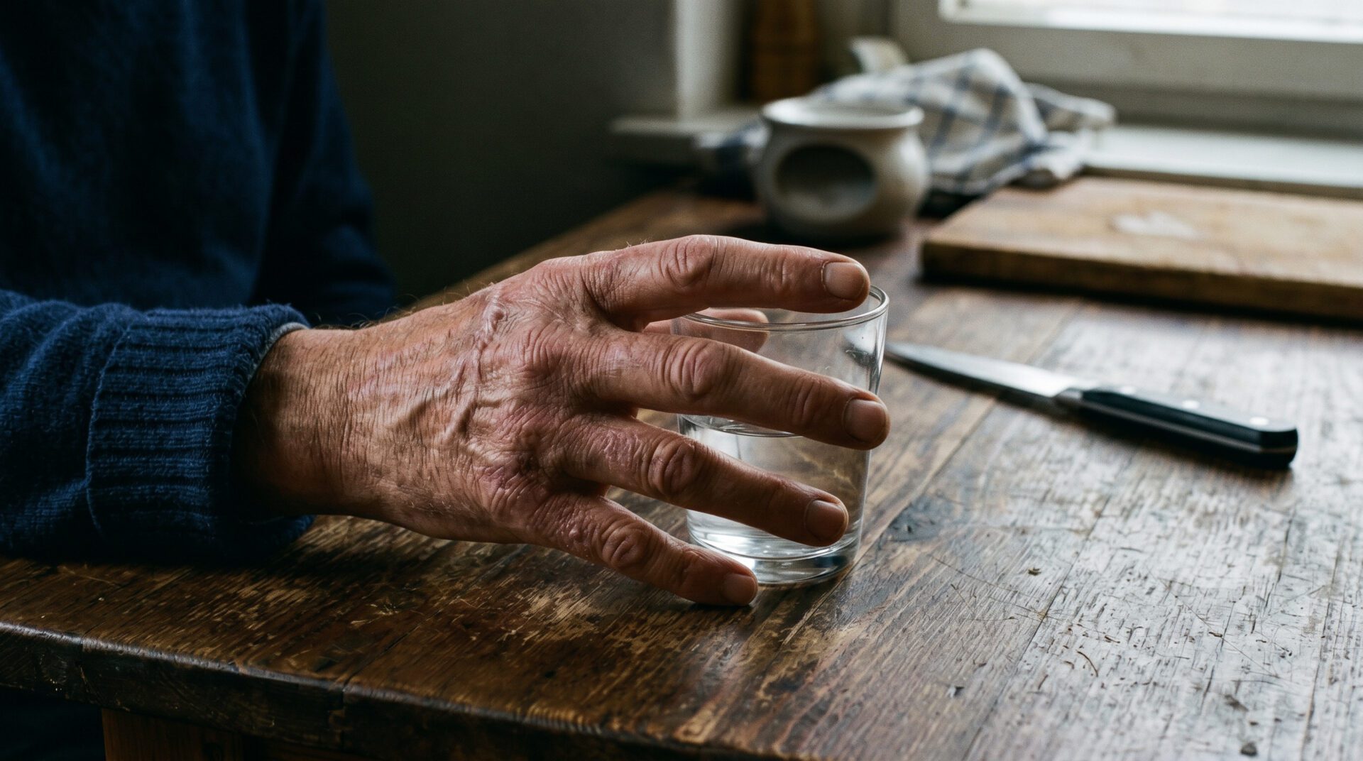 Vernarbte linke Hand auf Küchentisch versucht vergeblich ein Glas zu greifen; steife Finger, Messer im Hintergrund.