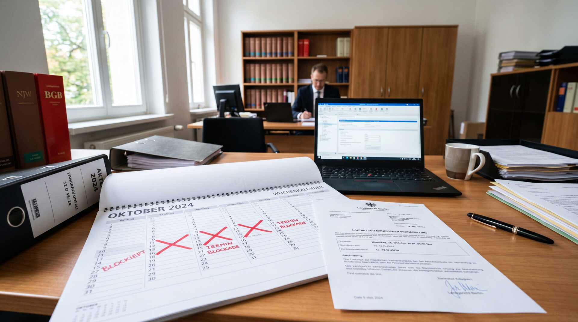 Ein Wandkalender mit rot markierten Blockaden neben einem offiziellen Ladungsschreiben auf einem Schreibtisch.