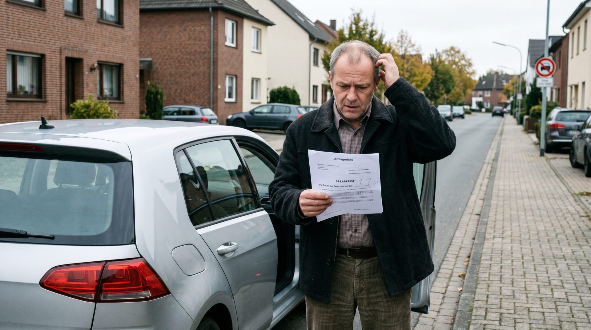Mann steht ratlos neben geparktem Auto und hält ein Gerichtsurteil mit einer fehlenden Zeitangabe zur Sperrfrist.