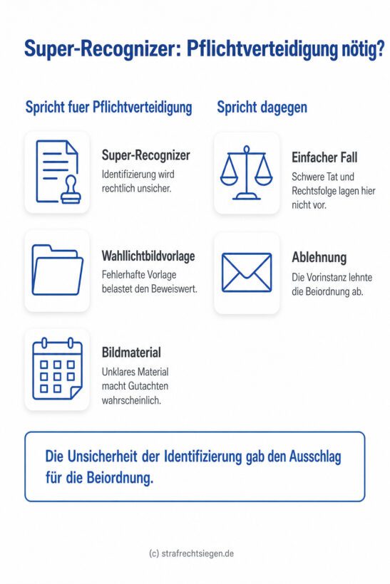 Infografik: Gegenüberstellung der Argumente für und gegen eine Pflichtverteidigung bei Identifizierung durch Super-Recognizer, mit Faktoren wie Wahllichtbildvorlage und Bildmaterial.