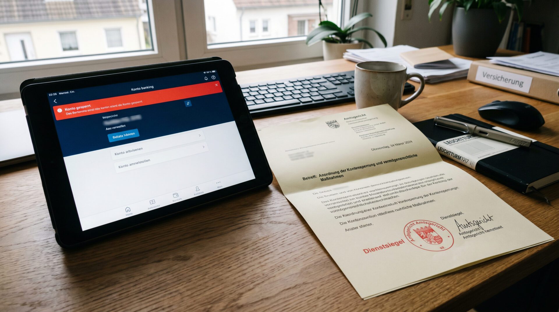 Tablet mit gesperrter Banking-App und ein gerichtliches Schreiben auf einem Schreibtisch in hellem Tageslicht.