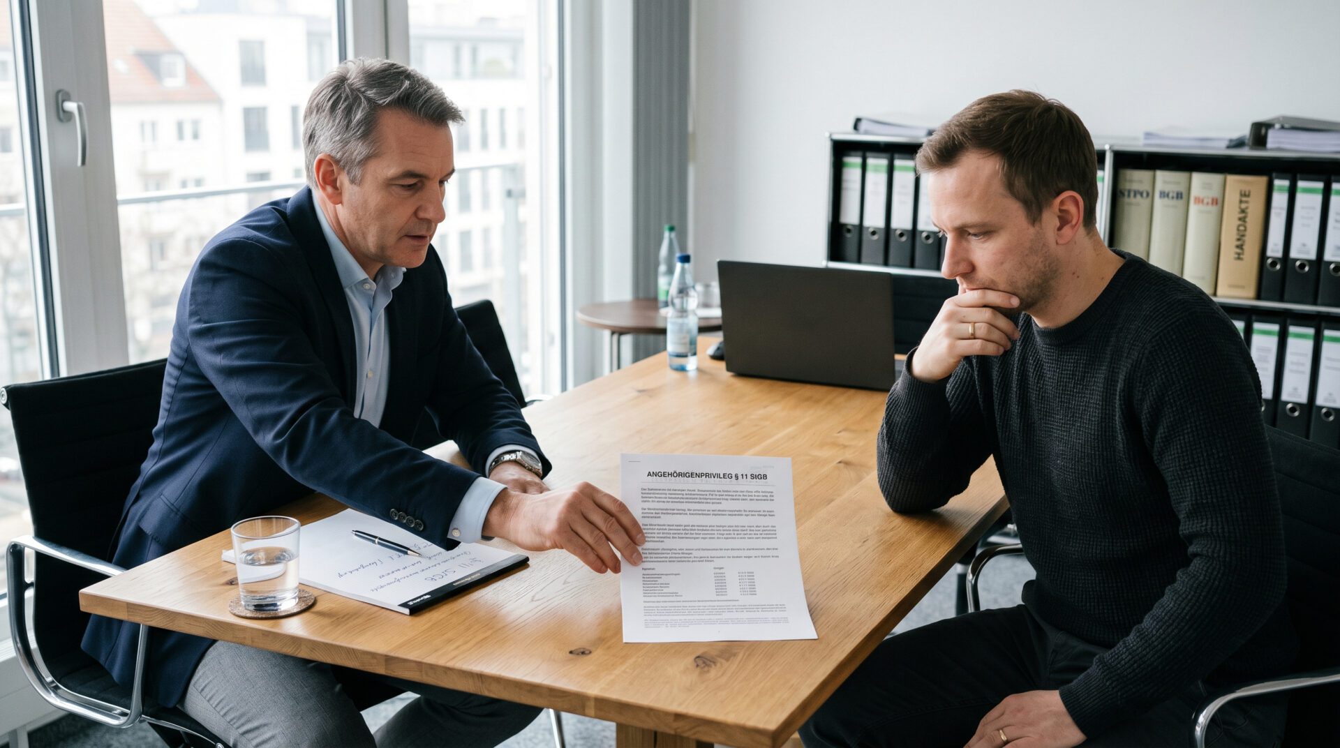 Anwalt erklärt Mandanten das Angehörigenprivileg anhand einer Tabelle in einem modernen Besprechungsraum.