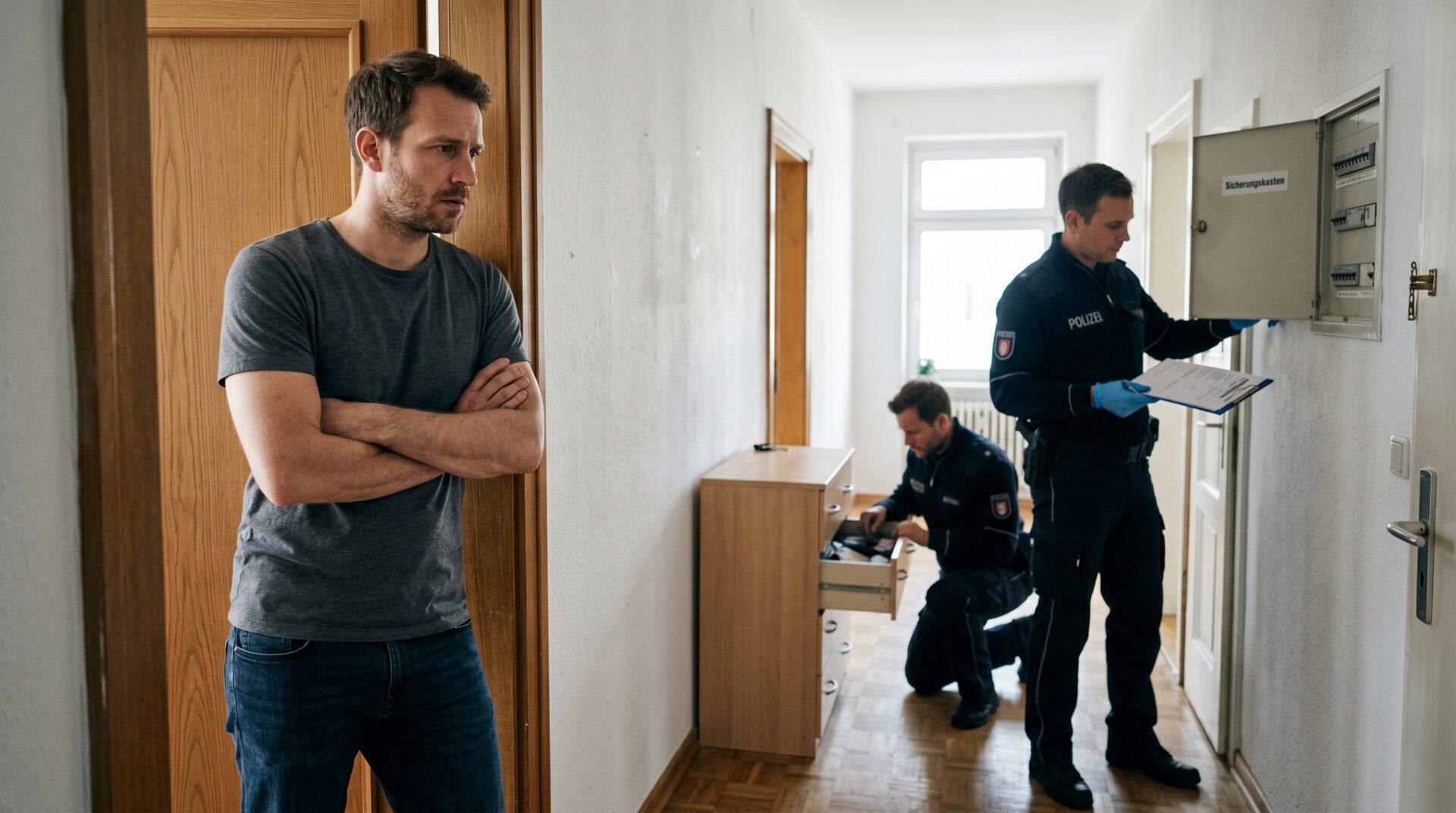 Polizeibeamte durchsuchen eine Wohnung im Beisein des Mieters während eines Ermittlungsverfahrens im Flur.