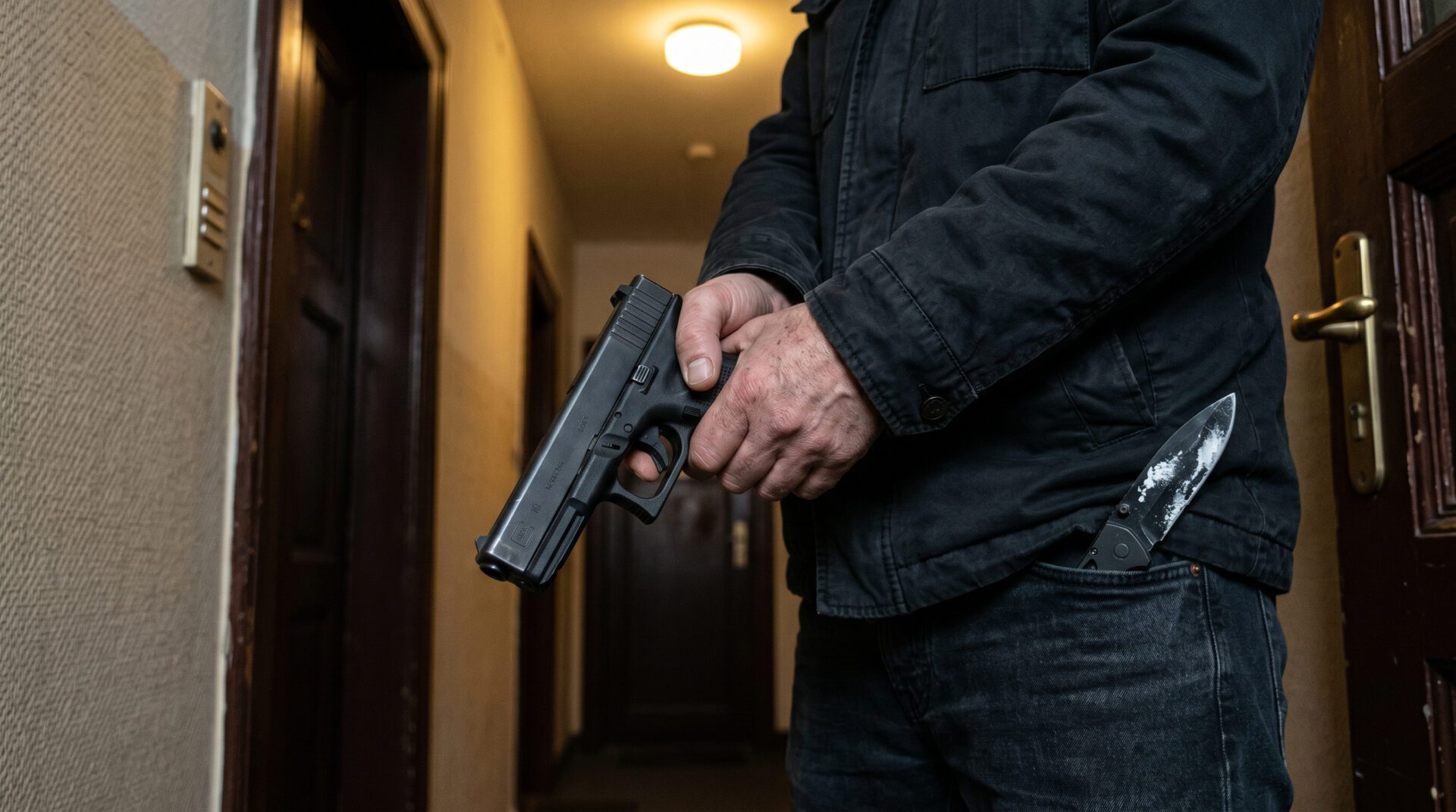 Detailaufnahme einer schwarzen Pistole und eines Messers mit weißen Rückständen in einer Hosentasche.