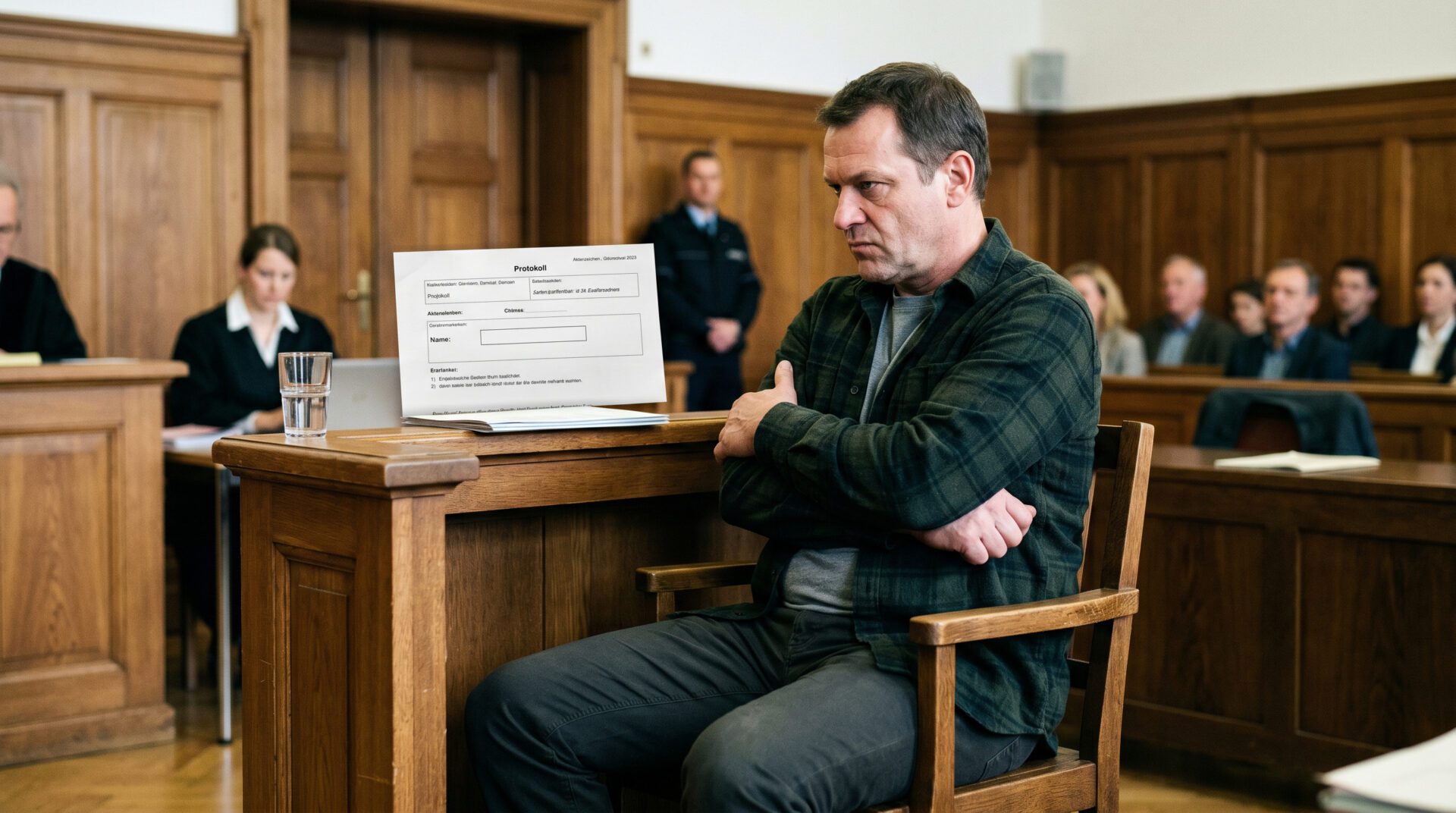 Ein Zeuge im Gerichtssaal sitzt mit verschränkten Armen und abgewandtem Blick beharrlich auf einem Holzstuhl.