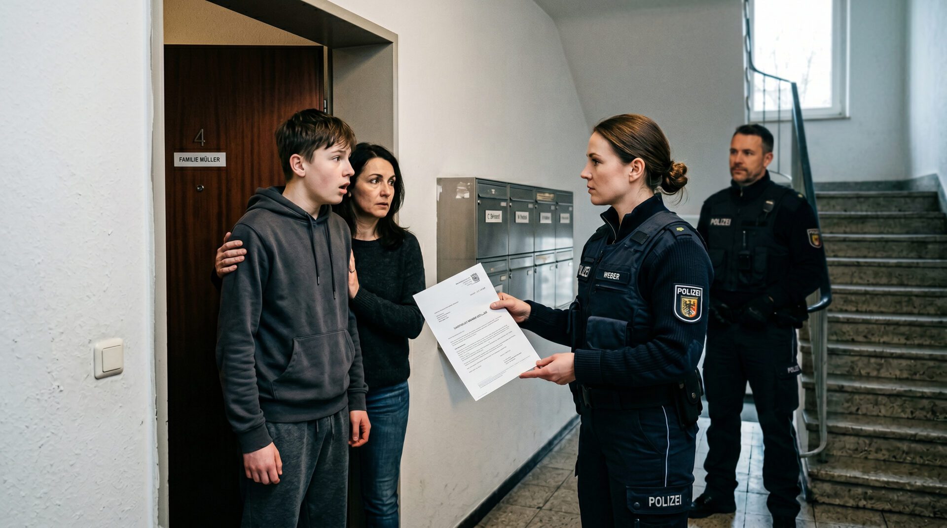 Polizei steht mit Durchsuchungsbeschluss vor einem Jugendlichen und seinem Vater an einer Wohnungstür.