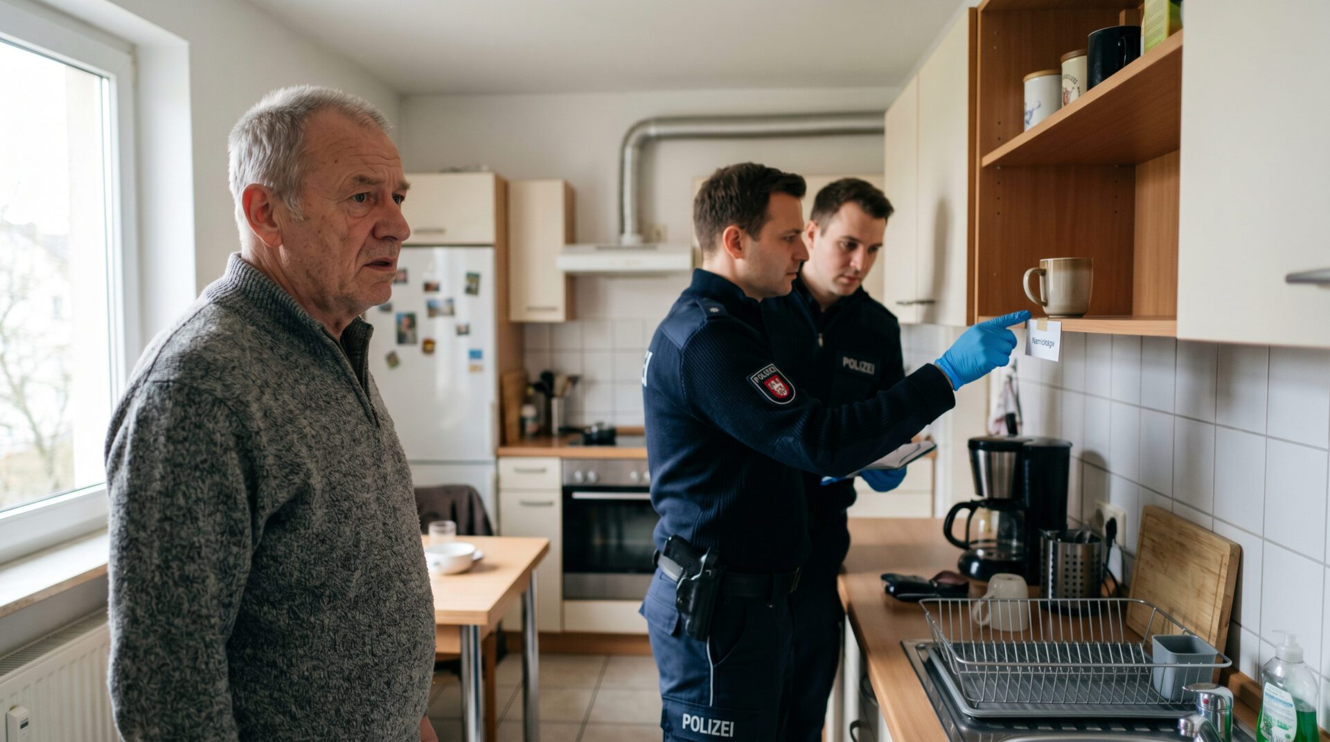 Ein älterer Mann beobachtet irritiert zwei Polizisten, die in einer WG-Küche sein persönliches Regal durchsuchen.