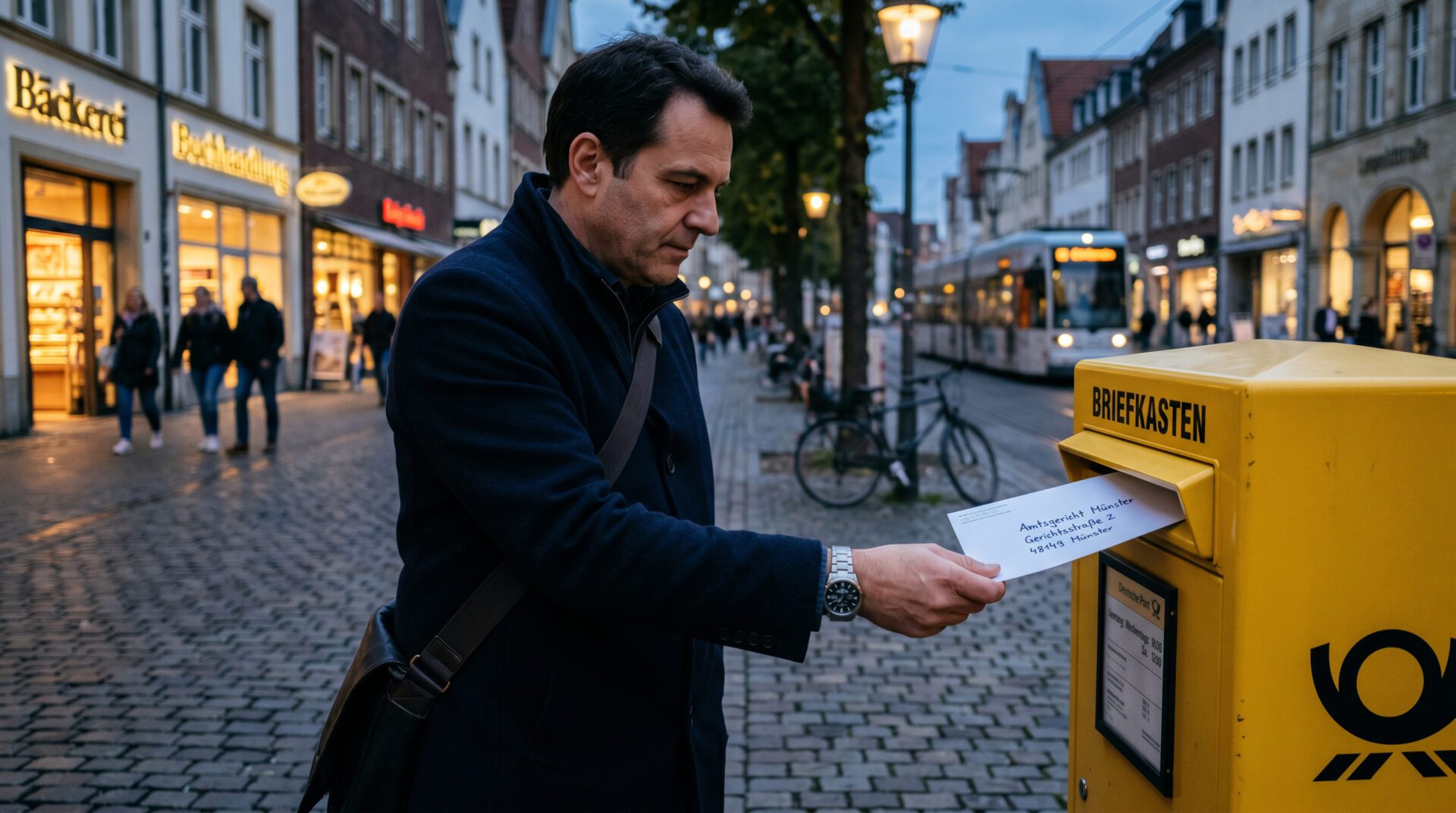 Nahaufnahme einer Hand, die am Abend einen Brief an das Amtsgericht in einen gelben Post-Briefkasten einwirft.