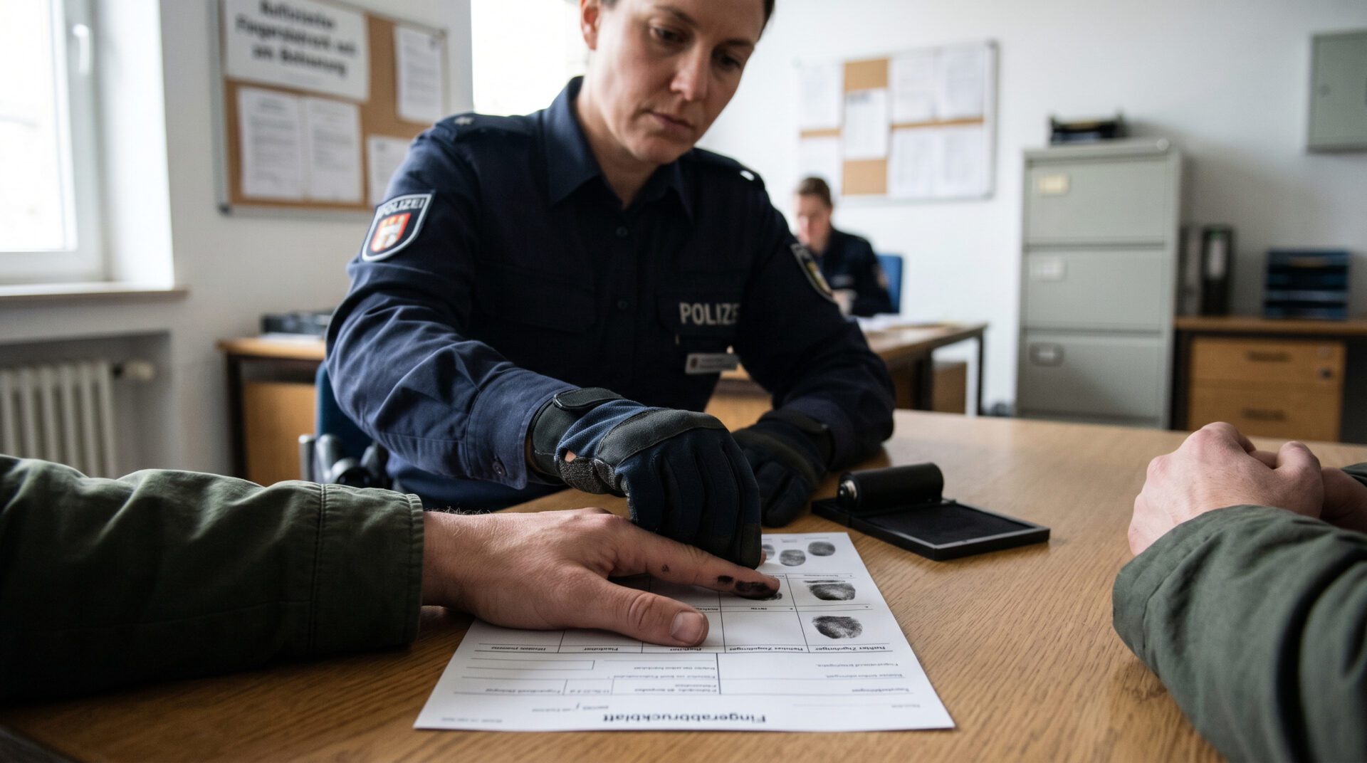 Nahaufnahme: Die Hand eines Mannes wird zur Abnahme von Fingerabdrücken auf eine Karteikarte bei der Polizei gepresst.