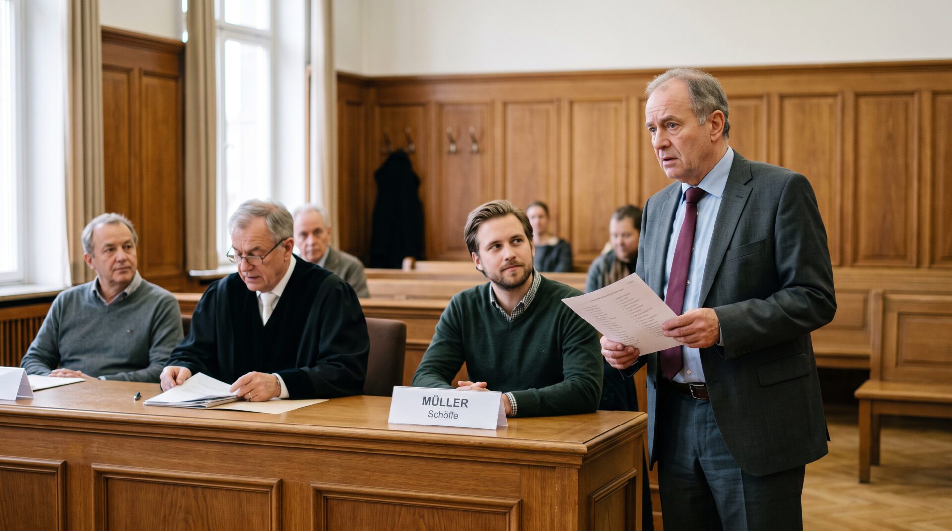 Ein Mann steht mit einer Namensliste vor einer Richterbank, auf der eine andere Person auf seinem Platz sitzt.