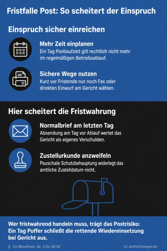 Infografik (Do's und Don'ts): Sichere vs. riskante Fristwahrung bei Postzustellung, Zustellurkunde und Ein-Tages-Briefen