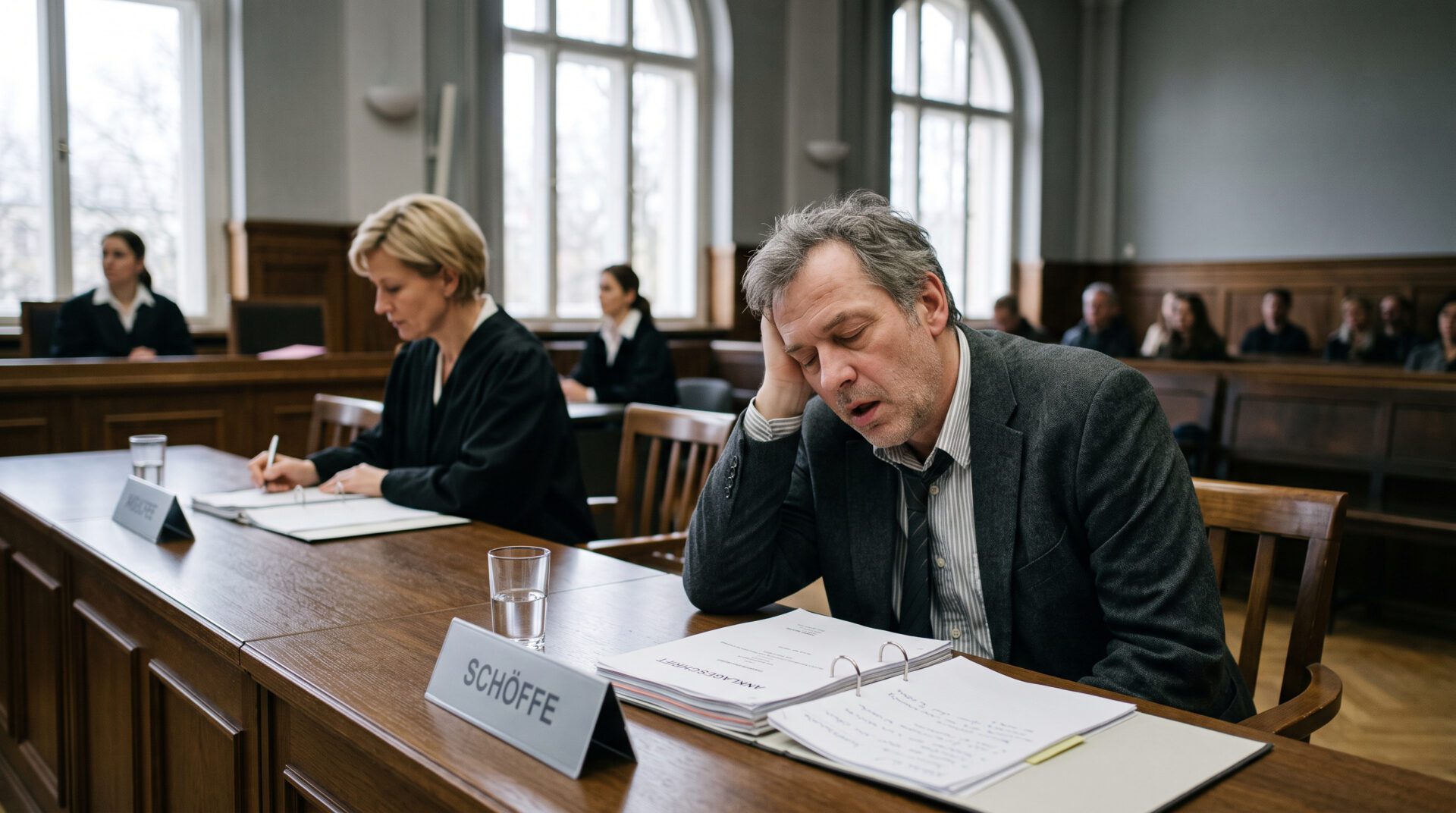 Ein Schöffe schläft mit geschlossenen Augen und erschlaffter Haltung an einer Richterbank während einer Gerichtsverhandlung.