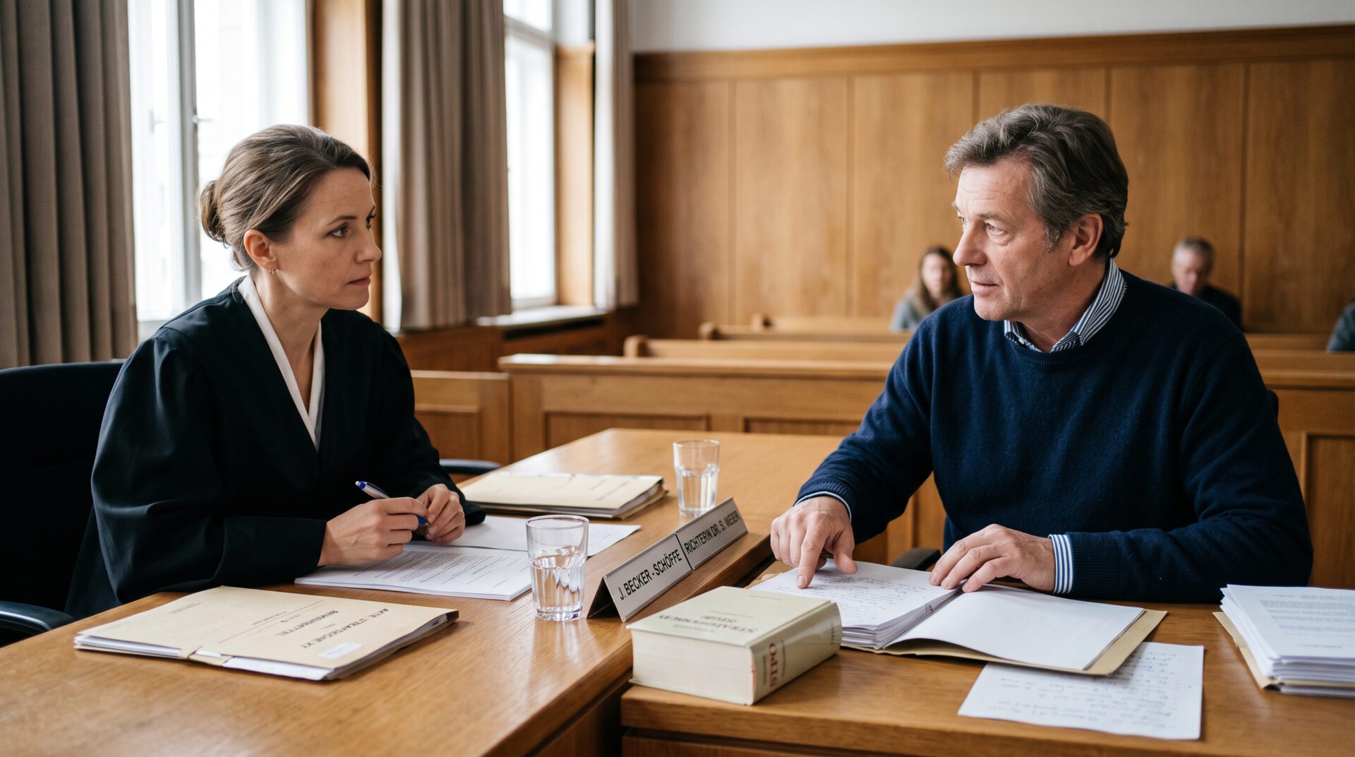 Richterin und Mann im Gerichtssaal im Gespräch