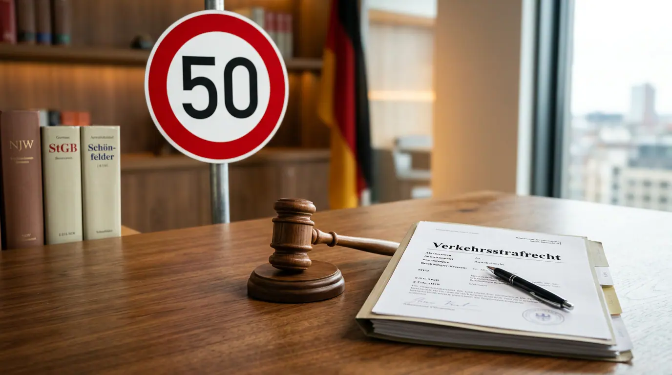 Tempo-50-Schild, Richterhammer und Akte zum Verkehrsstrafrecht