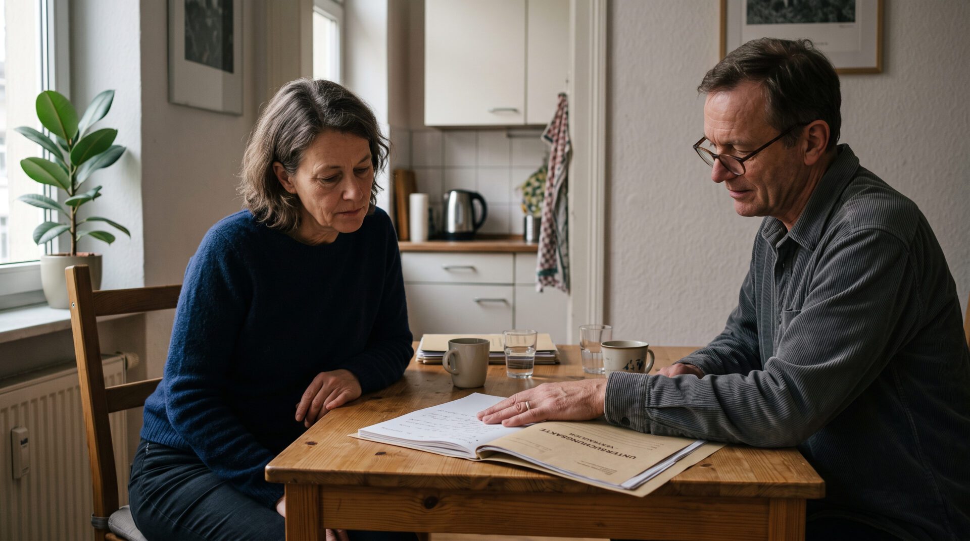 Zwei Personen am Küchentisch betrachten eine geöffnete Akte, eine legt schützend die Hand darüber.