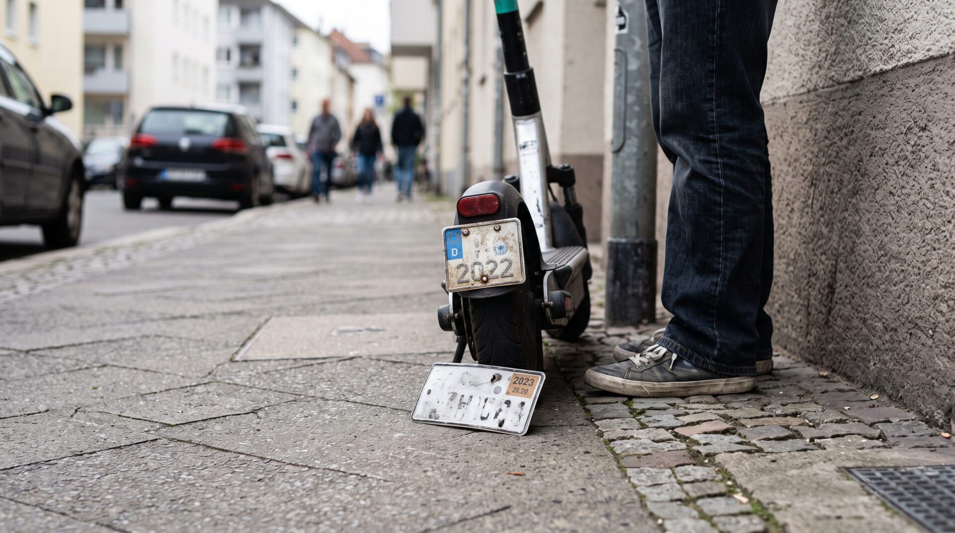Verwittertes abgelaufenes Versicherungskennzeichen am E-Scooter-Hinterrad auf Asphalt, daneben ein zweites Kennzeichen und Be