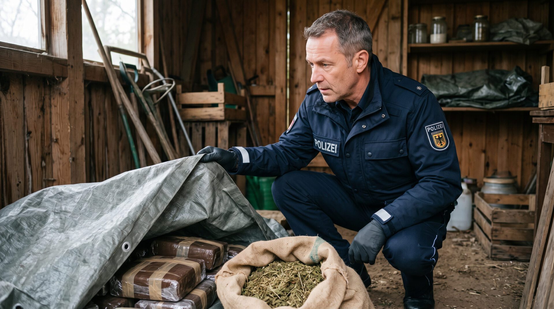 Polizeibeamter hebt Plane in Gartenhütte auf, darunter Packungen mit dunkler Substanz und offener Hanfsack als Beweismittel.