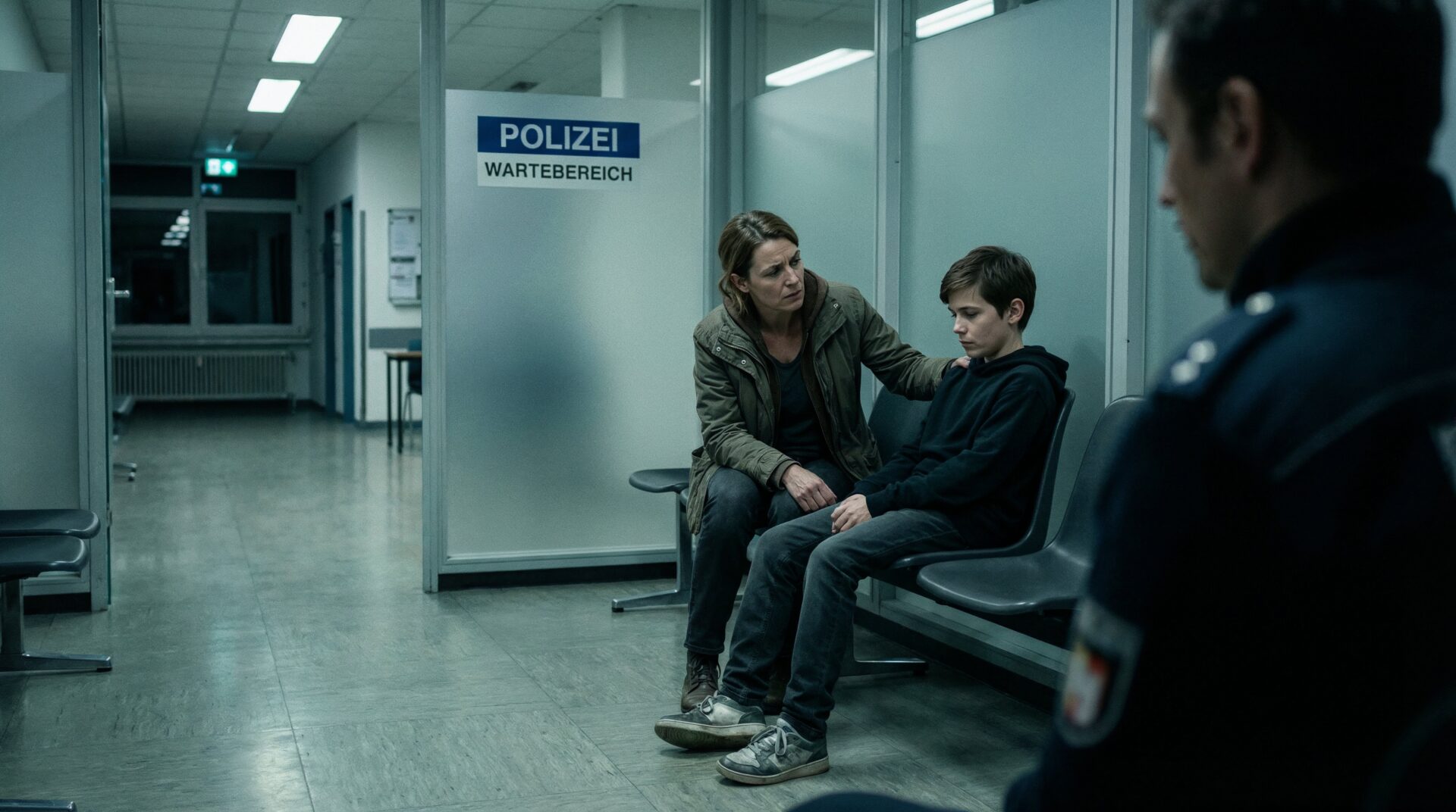 Eine besorgte Mutter sitzt mit ihrem minderjährigen Sohn im Wartebereich einer Polizeiwache.