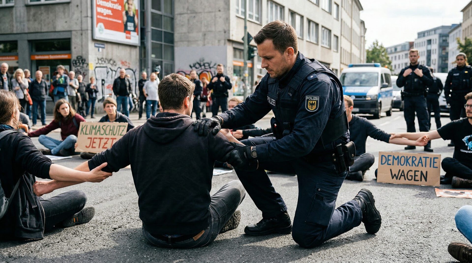 Polizist wendet Schmerzgriff an der Schulter eines Demonstranten an, der mit anderen Personen auf Asphalt fest verhakt ist.