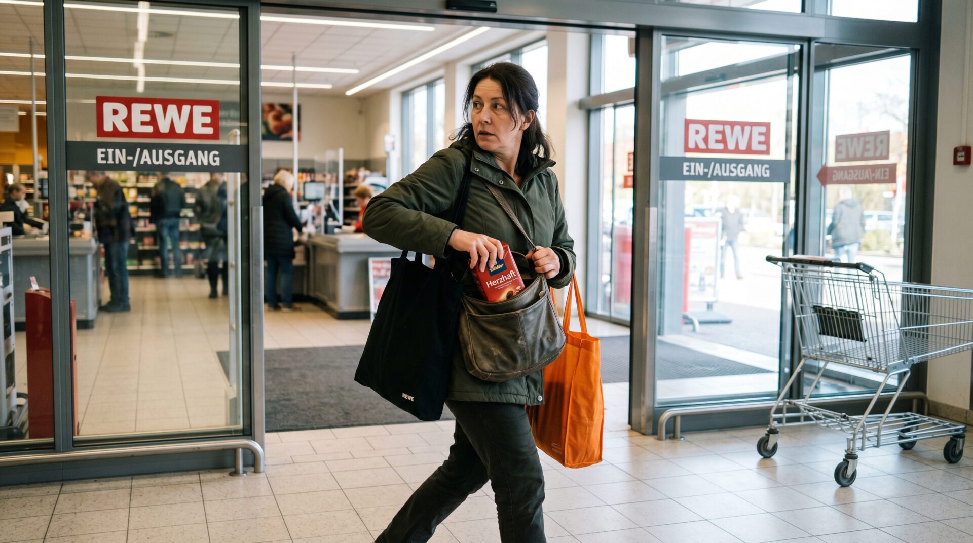 Frau am Supermarktausgang schiebt hastig unbezahlte Ware in ihre Tasche und blickt sich nervös um.