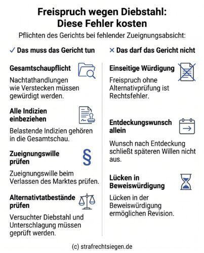 Infografik: Die Pflichten des Gerichts bei fehlender Zueignungsabsicht im Strafrecht. Dargestellt werden notwendige Schritte wie die Gesamtschau von Nachtathandlungen und die Prüfung von Alternativtatbeständen wie versuchtem Diebstahl oder Unterschlagung, um revisionsfeste Urteile zu gewährleisten.