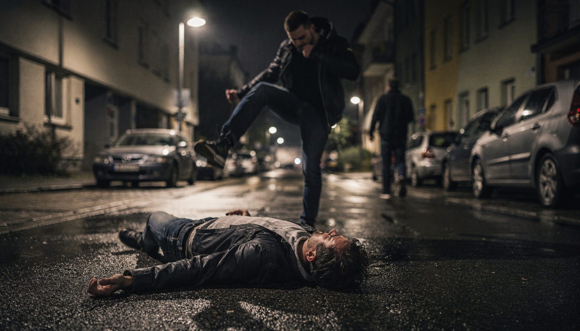 Ein Mann liegt nachts auf einer Straße, während ein Angreifer zum Tritt ausholt und zwei Begleiter weggehen.