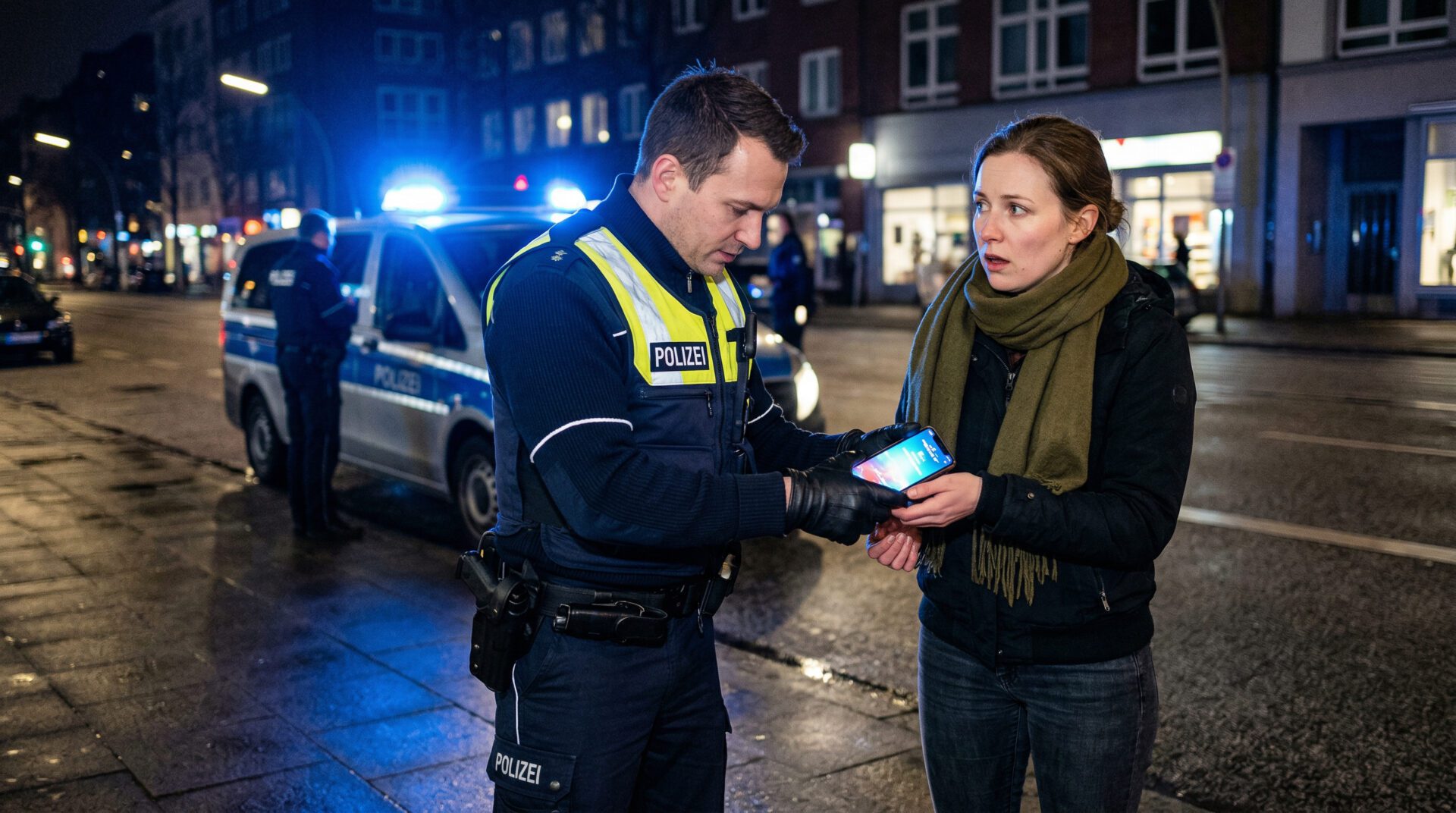 Polizist greift nach einem leuchtenden Smartphone bei einer nächtlichen Kontrolle; Blaulicht im Hintergrund.