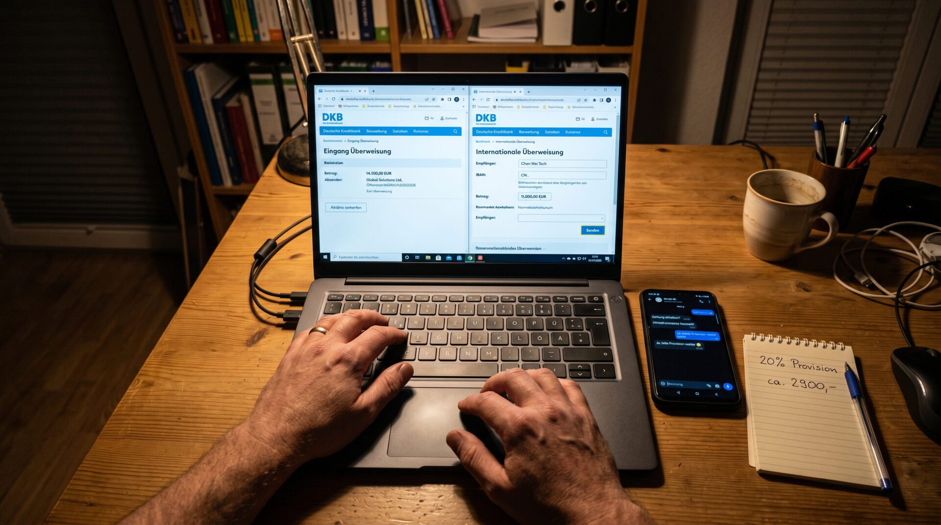 Hände an Laptop mit Online-Banking-Fenstern, Smartphone und Notizzettel mit Provisionsberechnung auf Schreibtisch.