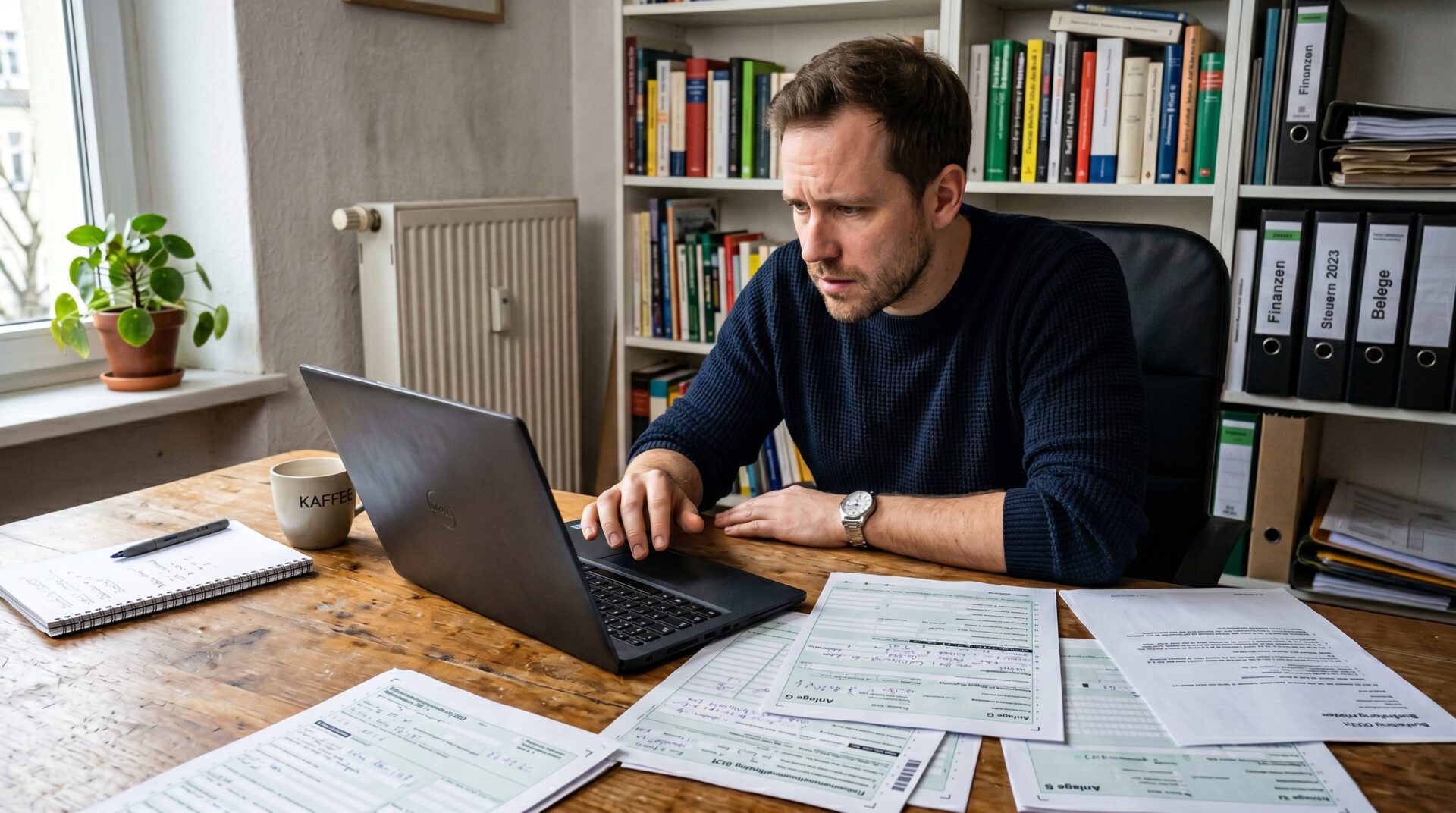 Ein Freelancer sitzt grübelnd vor seinem Laptop und Steuerunterlagen am Schreibtisch im Home-Office.