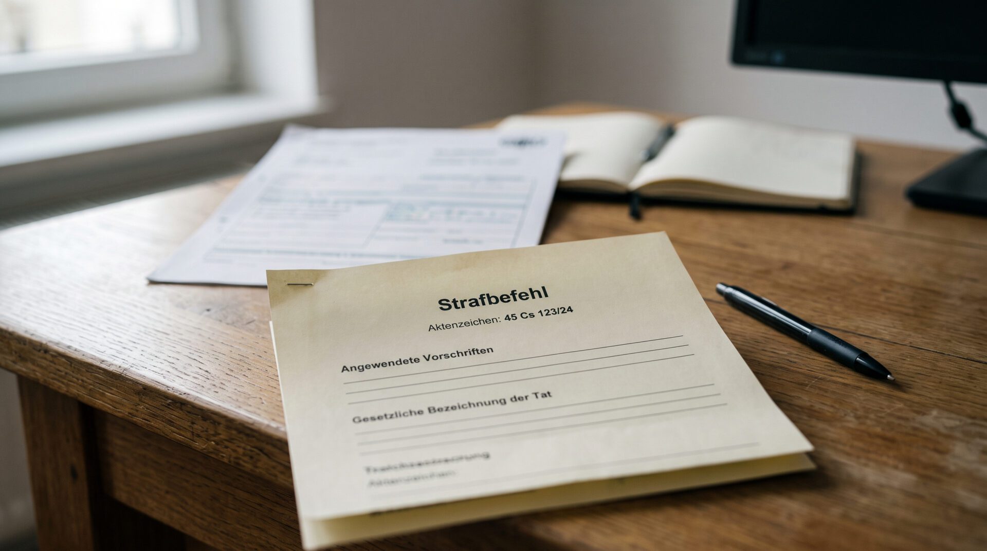 Ein Strafbefehl mit leer markierten Zeilen für Rechtsvorschriften auf hellem Schreibtisch, daneben ein Kugelschreiber.