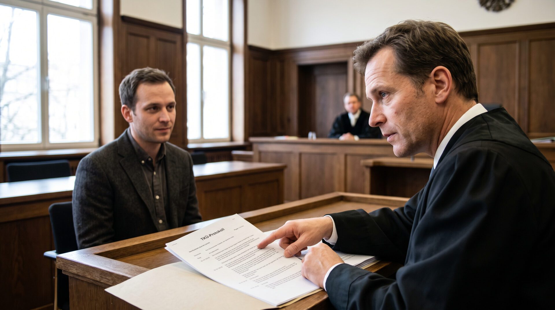 Strafverteidiger und Beschuldigter prüfen TKÜ-Protokolle in einer Ermittlungsakte während einer Gerichtsverhandlung.