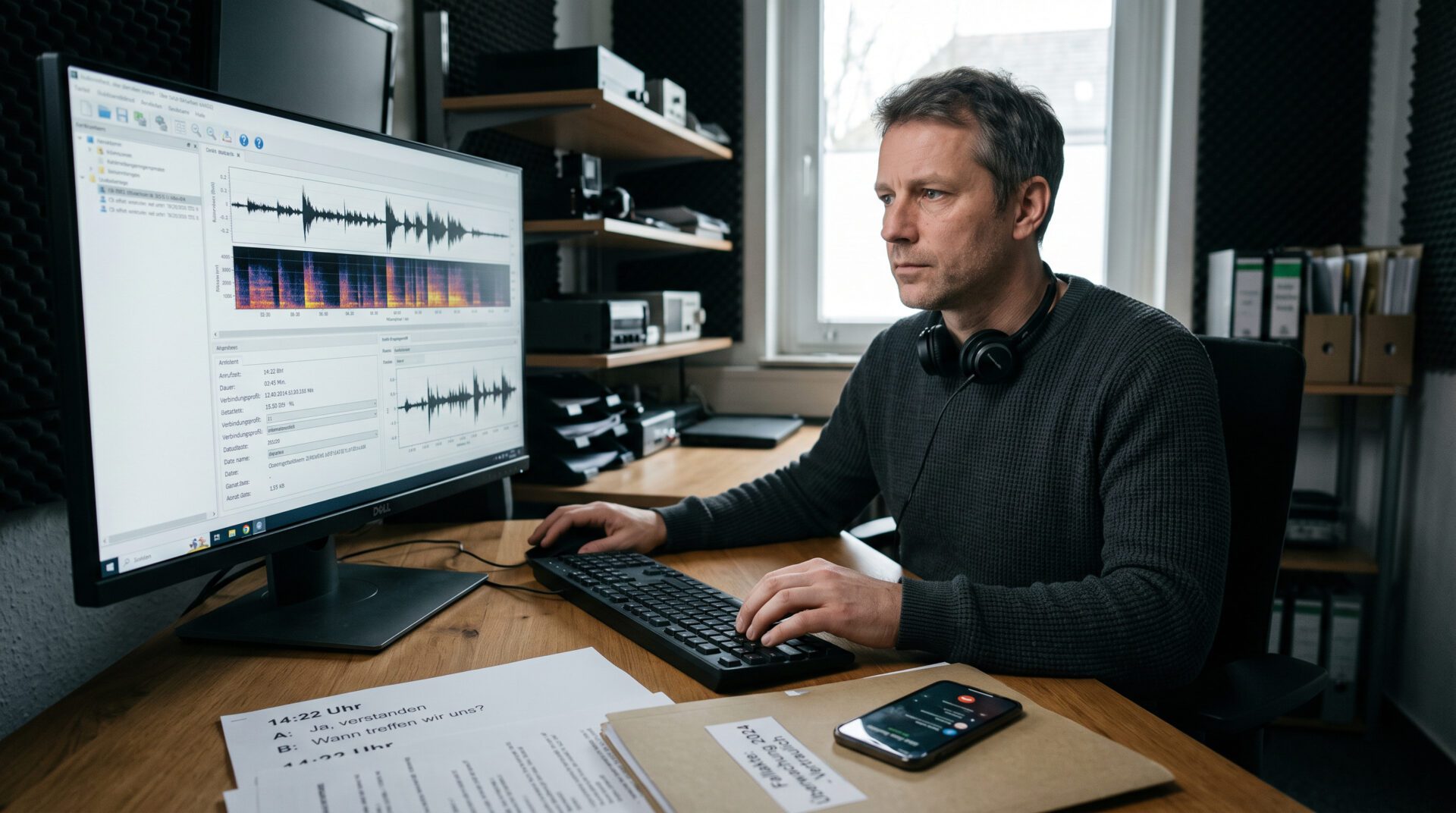 Ein ziviler Ermittler in einem dunklen Raum betrachtet Audio-Wellenformen einer Telefonüberwachung auf einem Monitor.