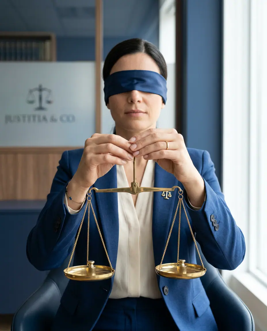Blindgefaltete Frau hält Waage der Gerechtigkeit