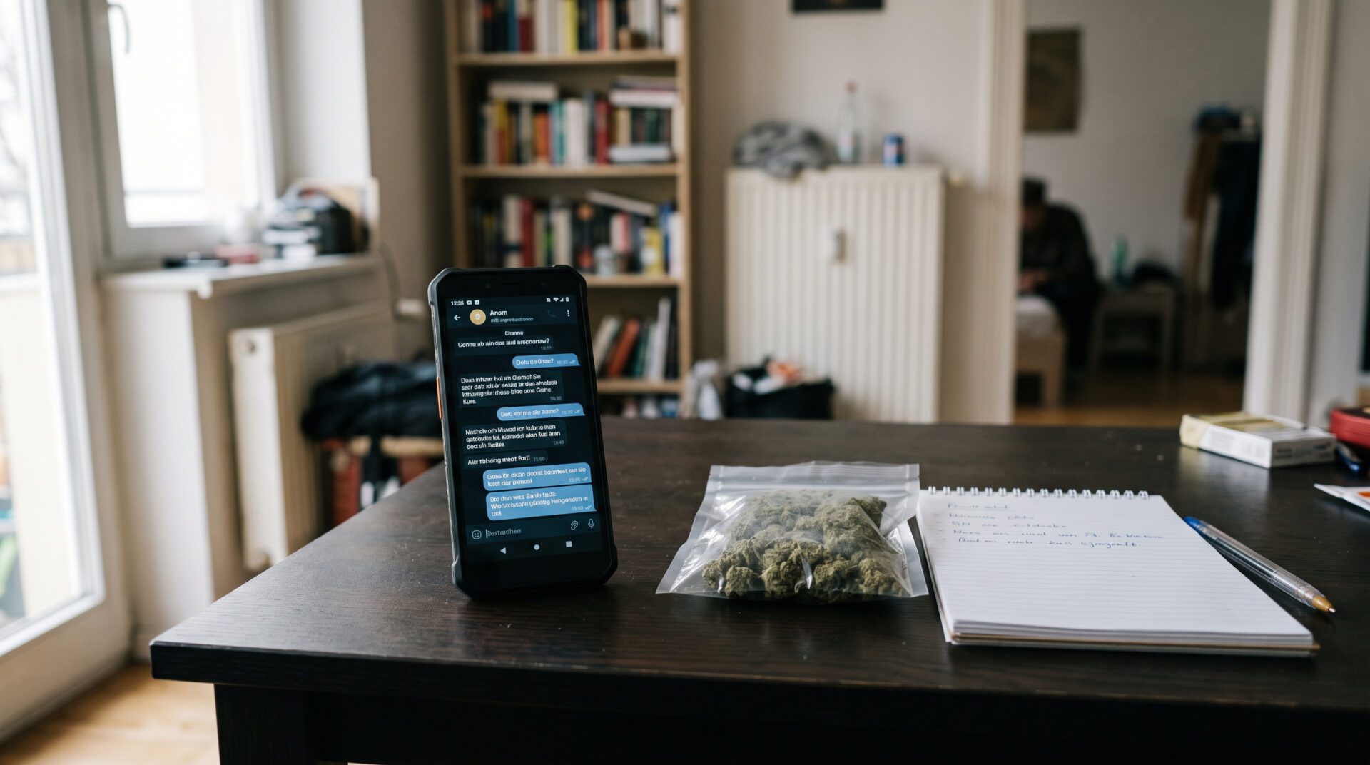 Entsperrtes Kryptohandy mit Chat-Verkaufsangaben auf einem dunklen Schreibtisch neben versiegelten Cannabisbeuteln in schlich