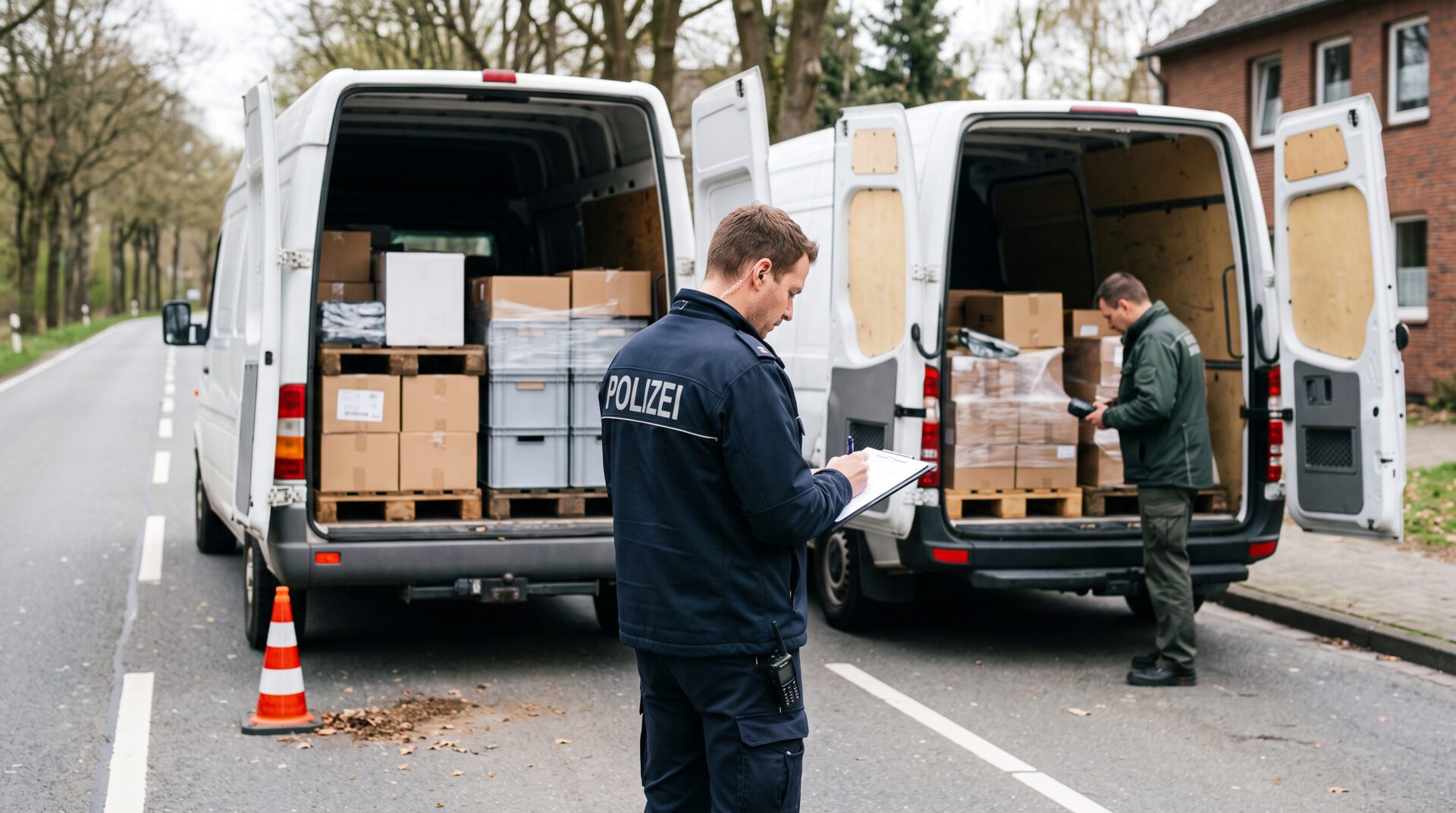 Zwei weiße Transporter, Beamte sichern offene Laderäume mit Paletten am Straßenrand.